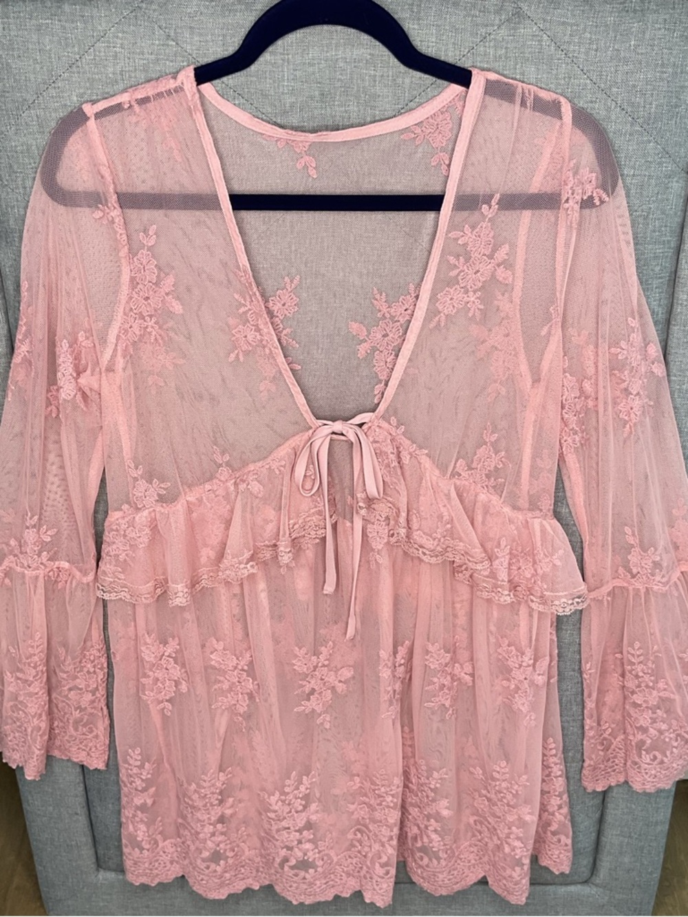Sheer Pink Lace Babydoll Top Bell Sleeve Boho Blouse Medium - Picture 6 of 8